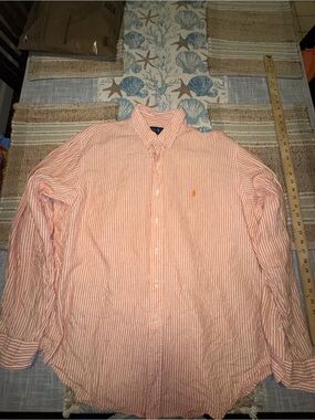 Ralph Lauren Men's Linen Shirt, Long-Sleeve, Orange W/ White Stripe, XXL
